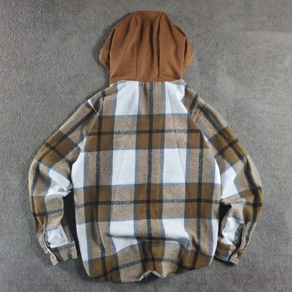 HAHA MAMA Women's Plaid Flannel Hooded Shirt Jacket Brown White Size L - Picture 2 of 7